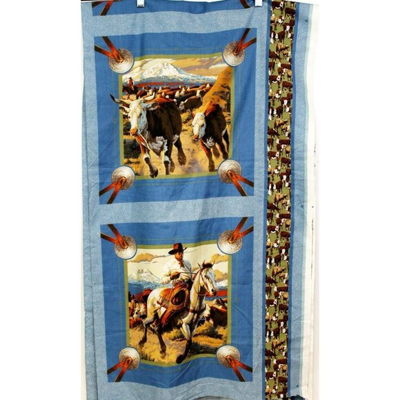 Blue Cattle Drive 5827 Spring Industries Cotton Fabric Western Cowboy 46" Panels - Picture 1 of 6